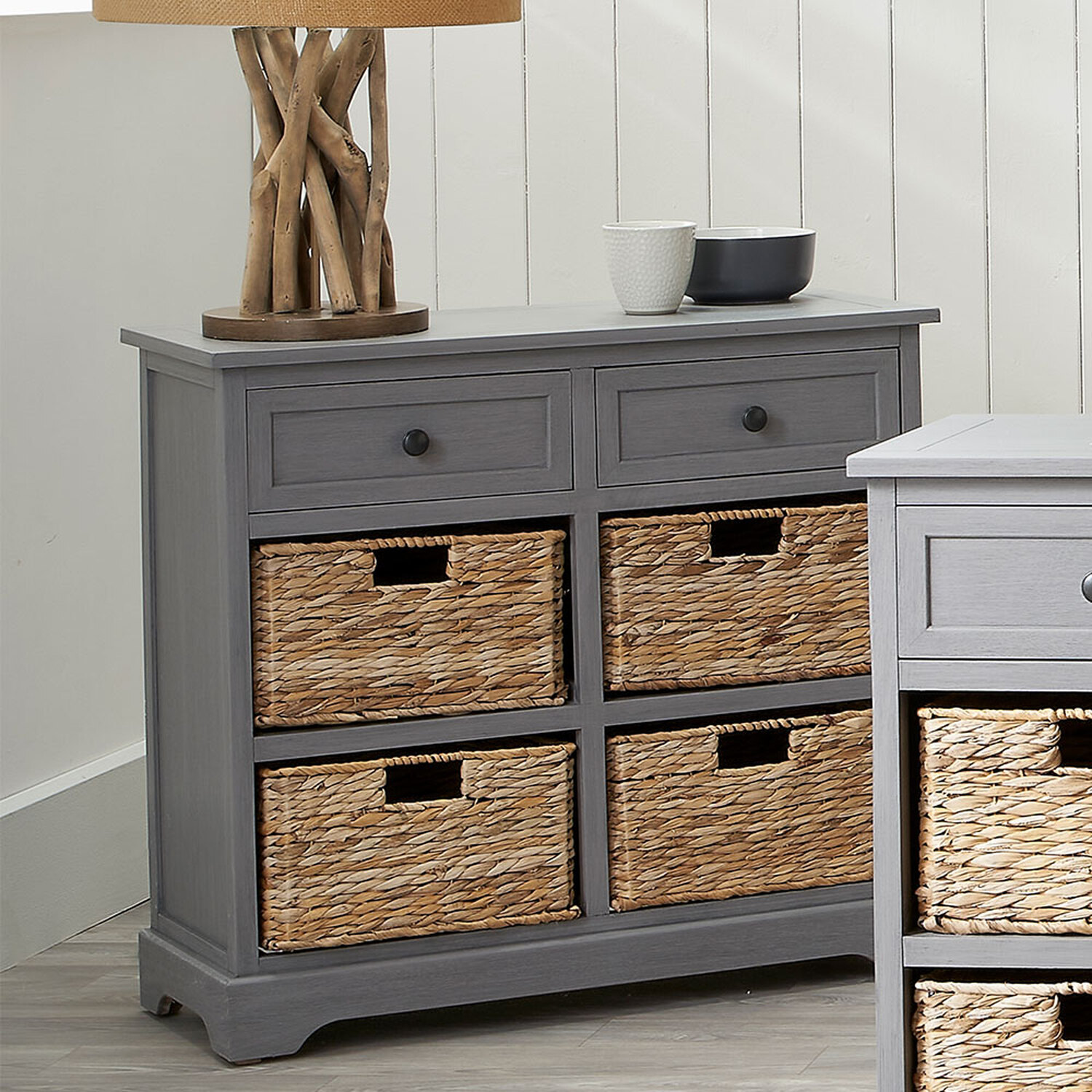 Wooden 2 Drawer 4 Basket Unit - Grey
