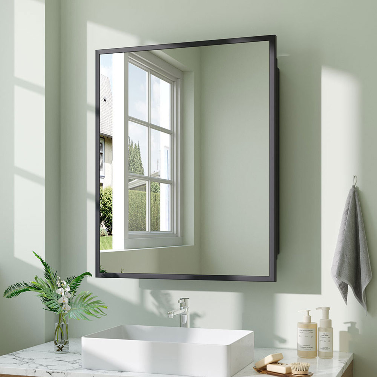 Rectangular Aluminum Frame Storage Mirror Cabinet - Black 61cm 12 4kg