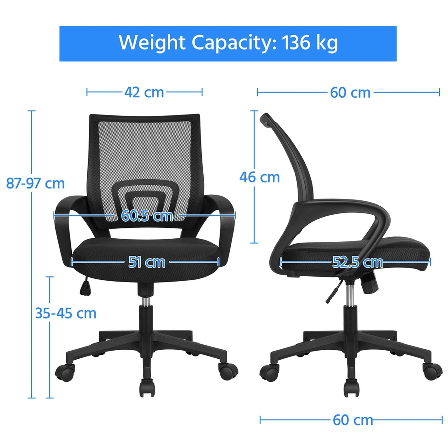 Set Of 2 Adjustable Ergonomic Office Chair - Black