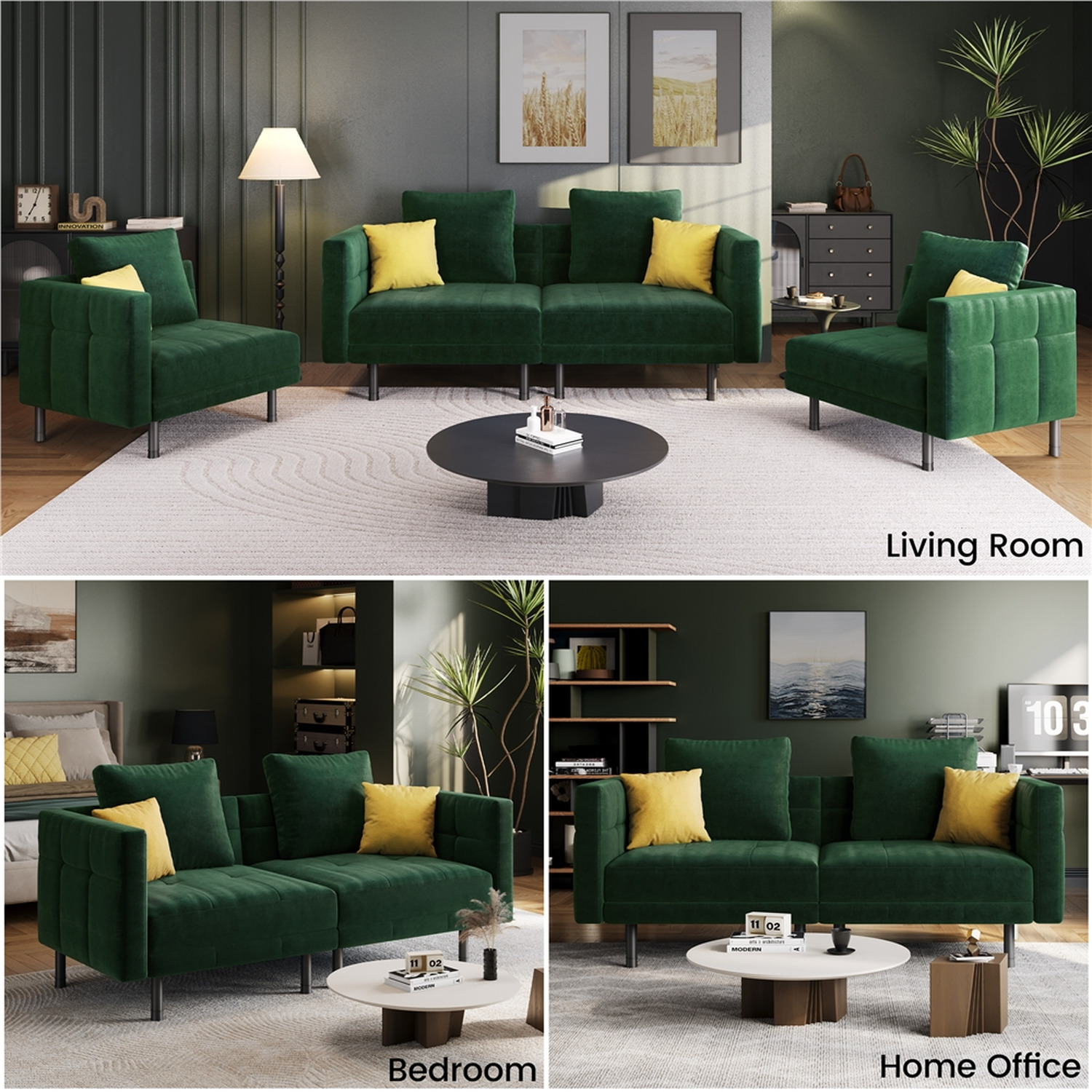 Split Design Velvet Convertible Sofa Bed - Green