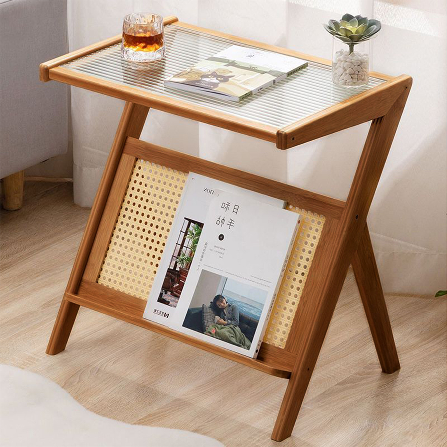 Bamboo Side Table With Glass Top - Brown