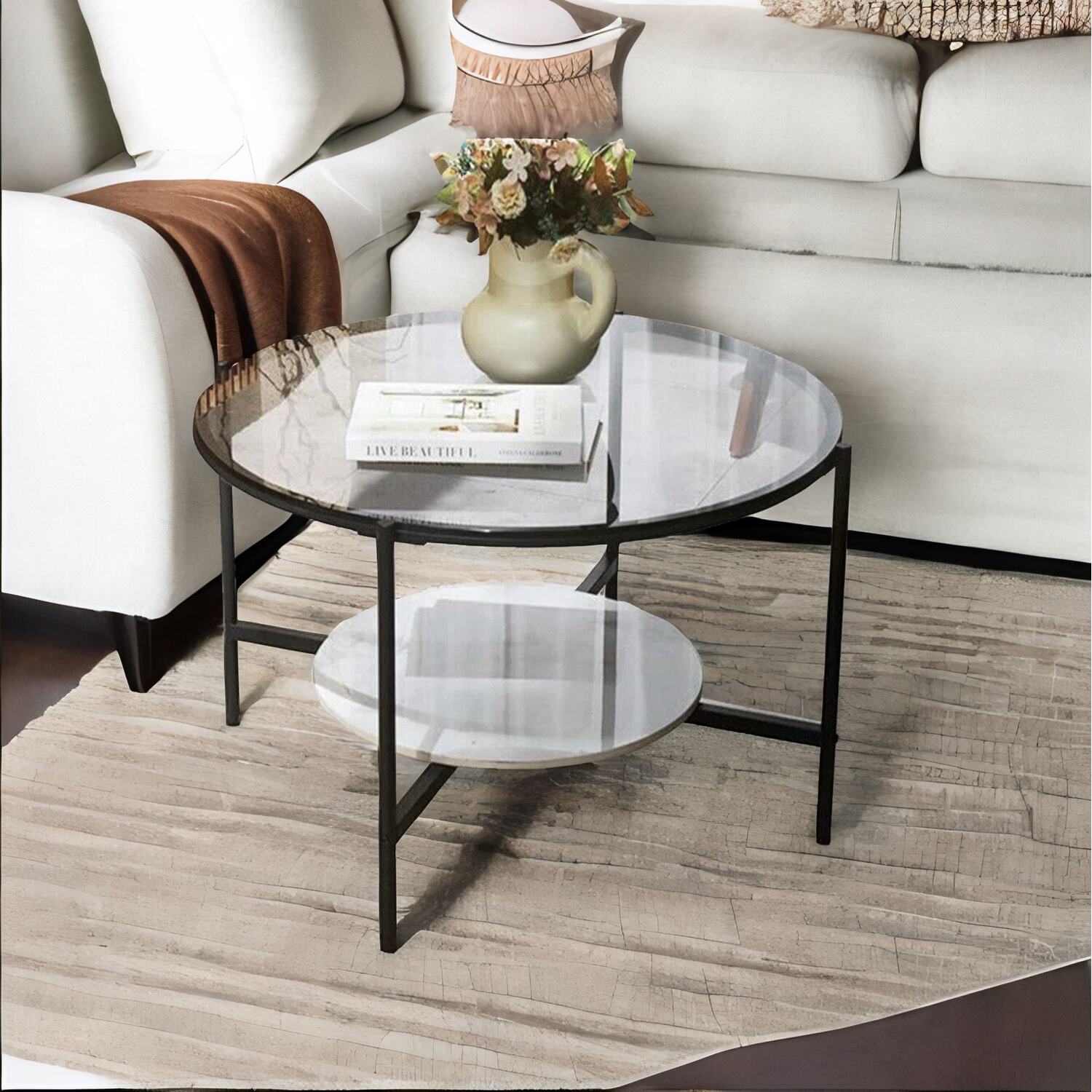 2 Tier Round Faux Marble Glass Coffee Table Heavy Duty - Black