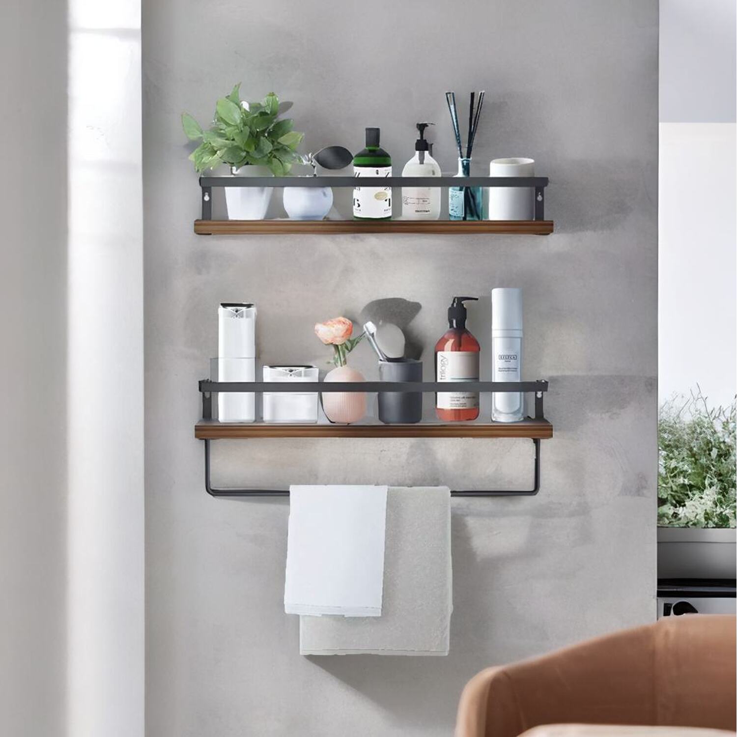 Floating Shelf With Railing Industrial 2pcs Tier Wooden Floating Shelves with Hanging Rail
