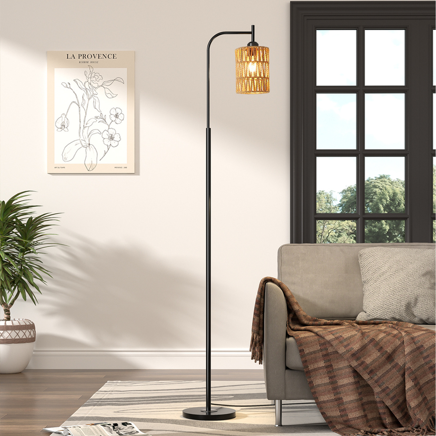 Lifeideas Metal Floor Lamp With Handmade Lampshade - Black+Brown