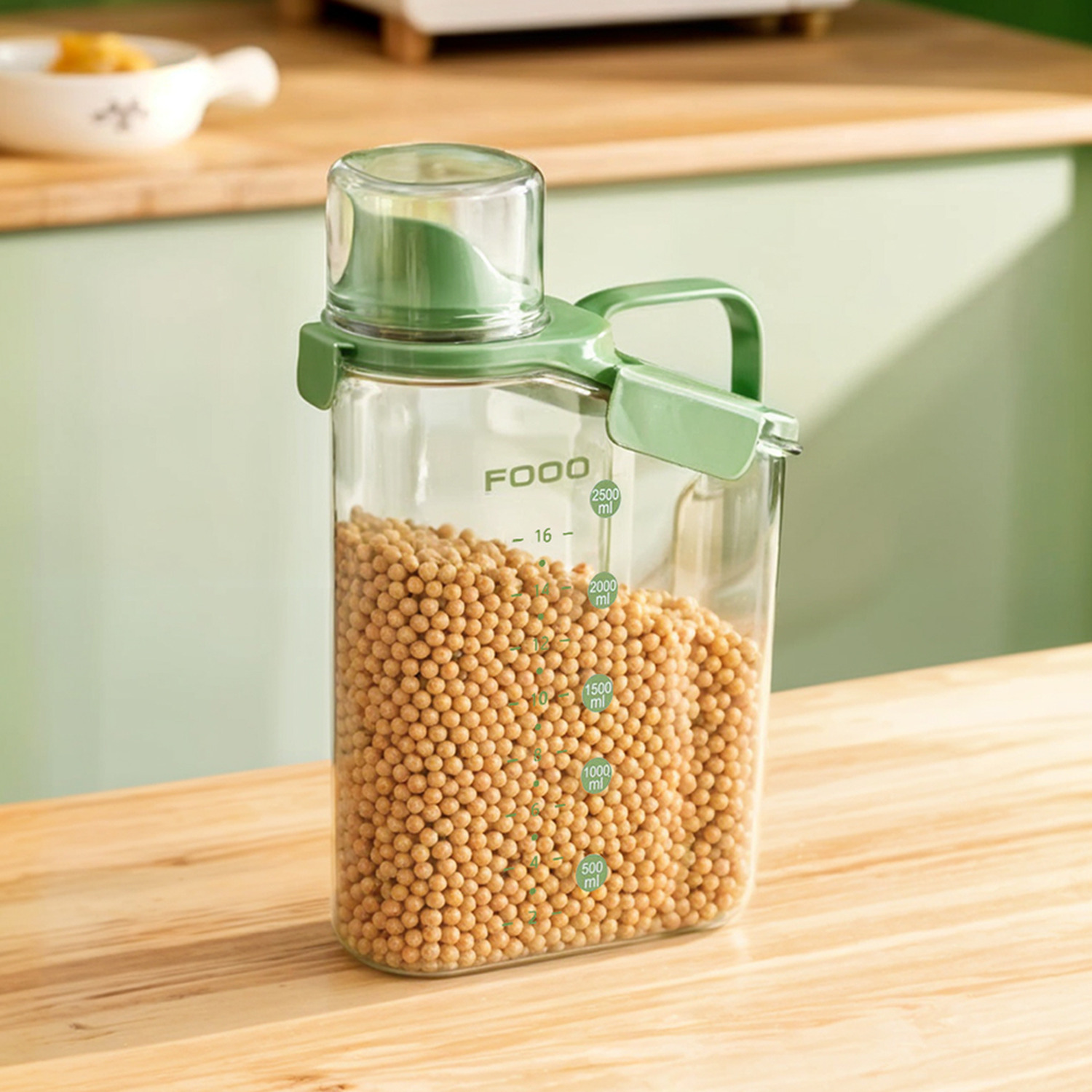 Airtight Food Storage Container with Measuring Cup - Light Green / 2.8l