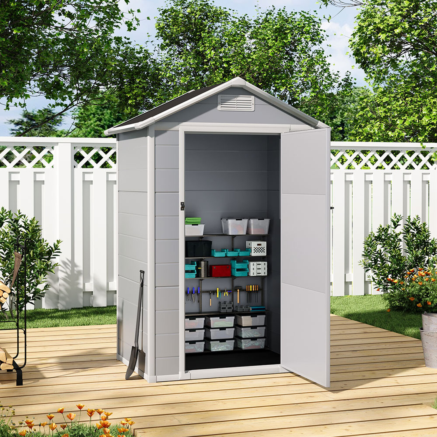 Grey Open Gable Roof Plastic Tool Storage Shed with Window and Vent