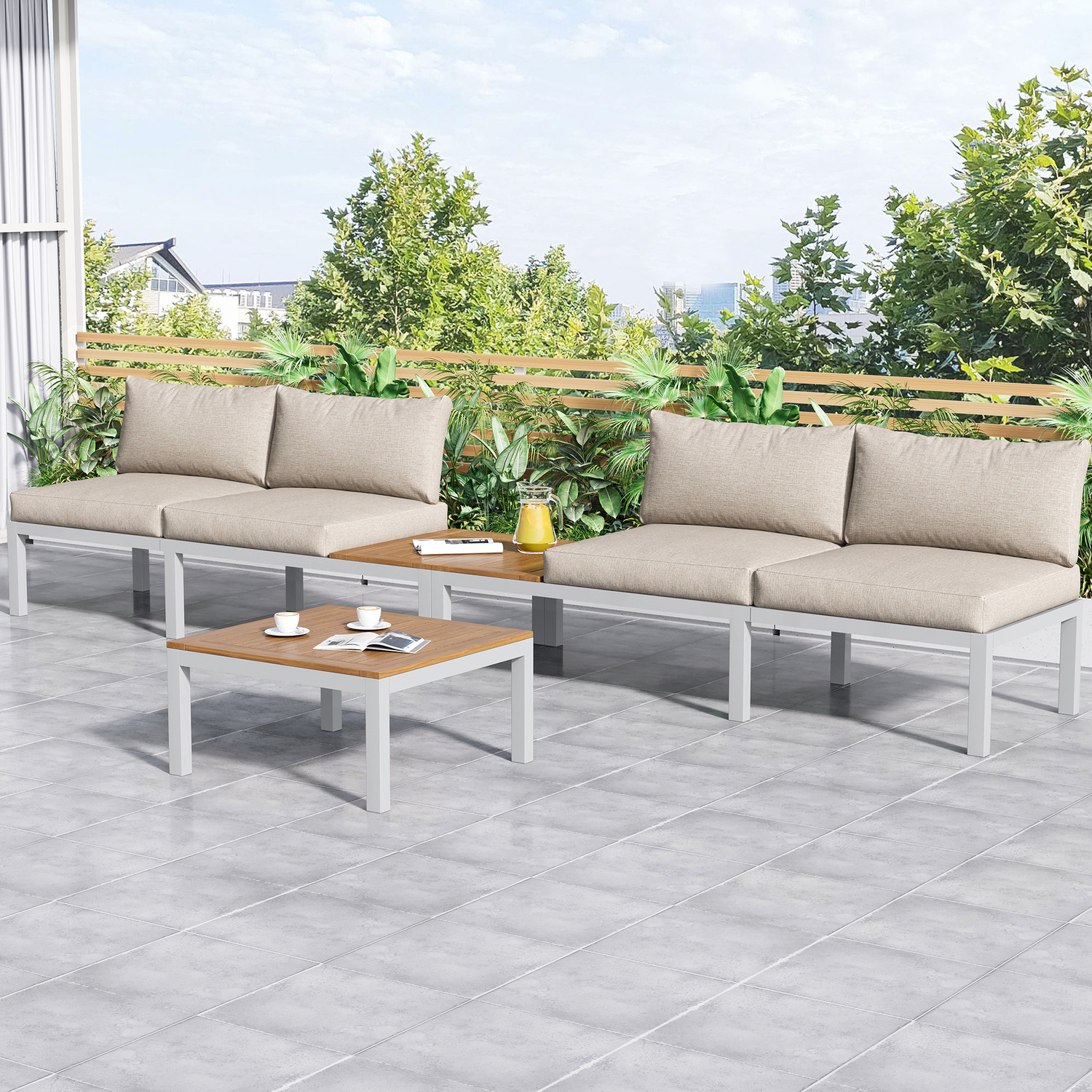 L-shaped Outdoor Lounge Set With Coffee Table - Beige