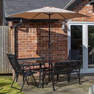 6 Person Glass Top Table Benches and Chairs With Parasol and Base