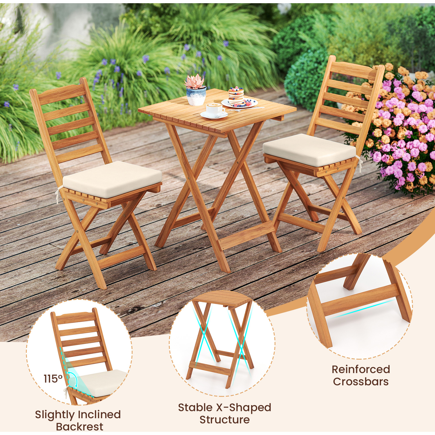 Outdoor Bistro Set Folding Chair Table Set - Brown