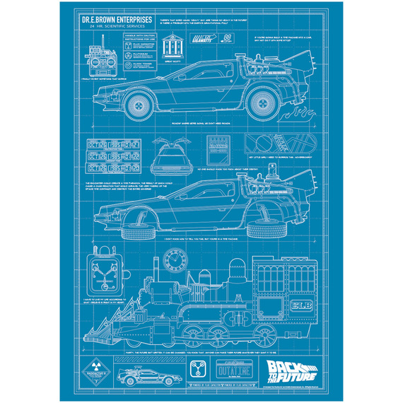 Back to the Future Limited Edition Time Machine Blueprint A3 Art Print