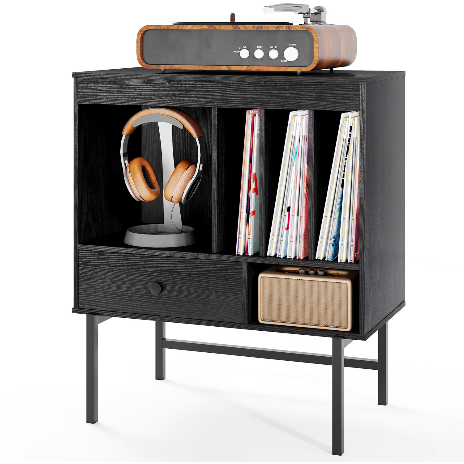 Modern Vinyl Storage Cabinet - Black