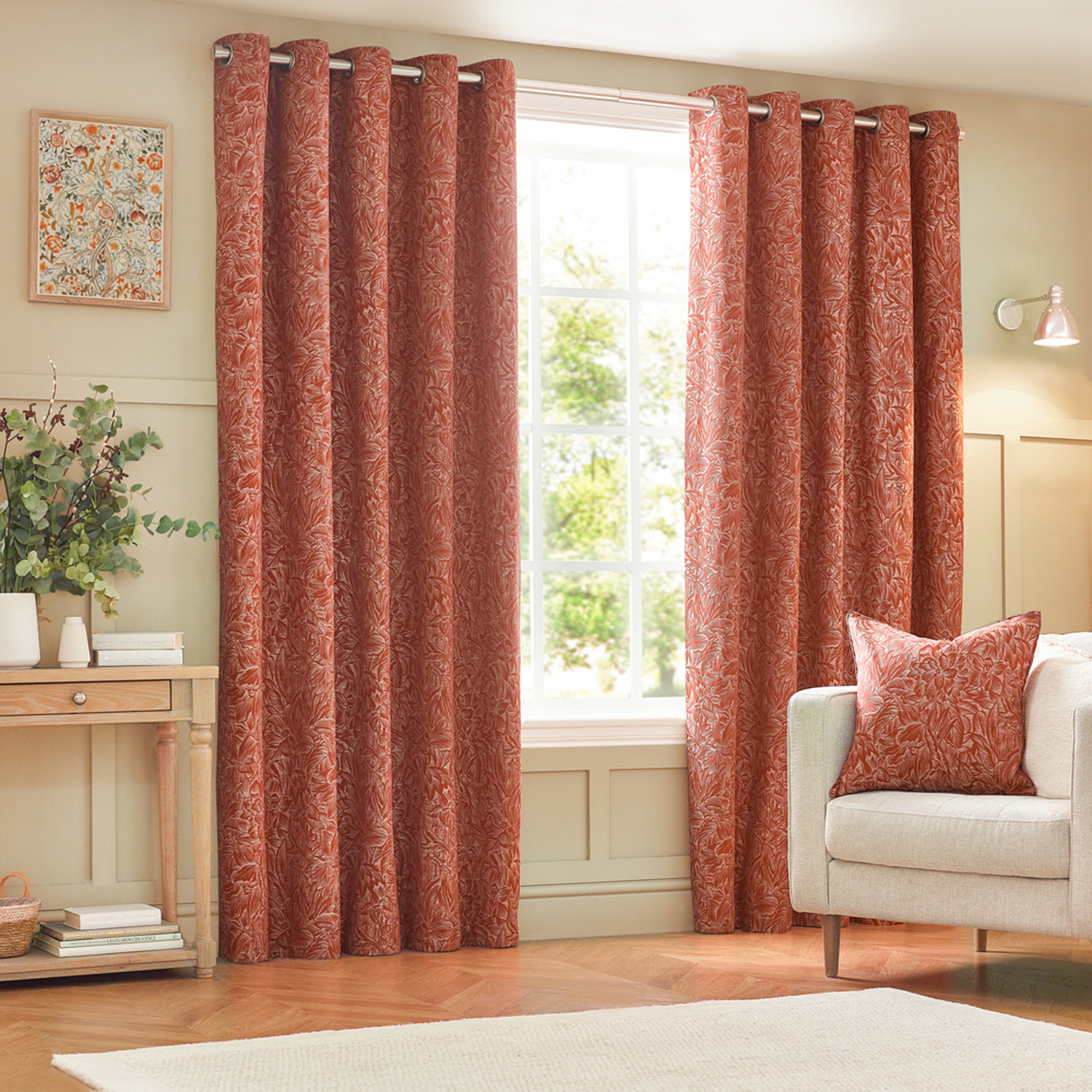 Set of 2 Grantley Jacquard Eyelet Curtains - Brick / 168cm / 137cm