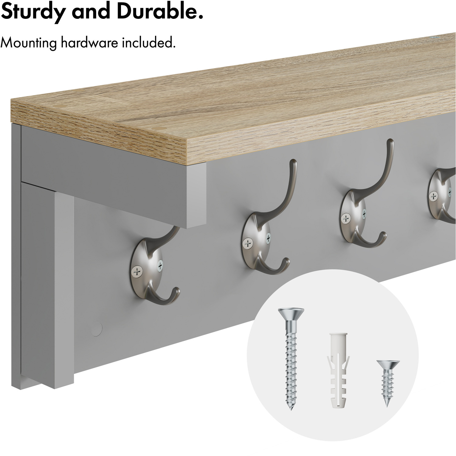 Hallway Wall Mounted Coat Hooks With Shelf And 7 Double Hooks - Grey Melamine