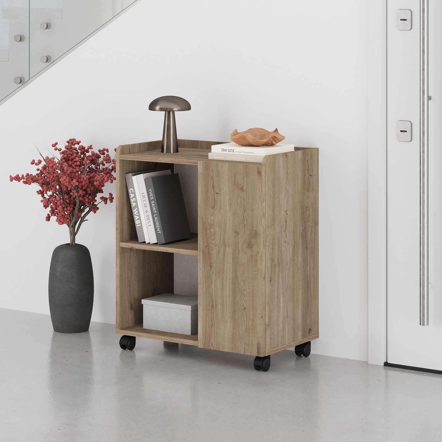 Zeo Compact Sideboard Cabinet with Shelves, Door and Wheels - Oak Effect