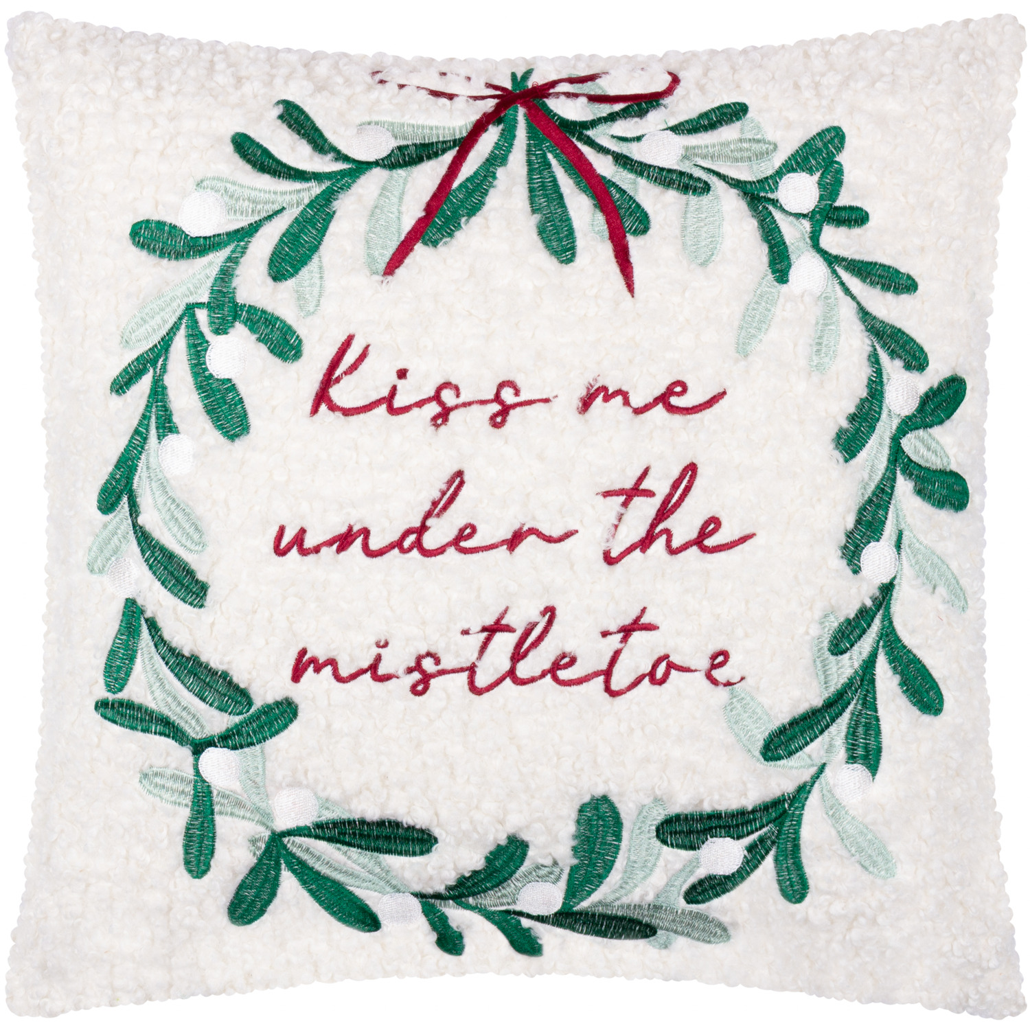 Mistletoe Wreath Embroidered Cushion - White / Feather