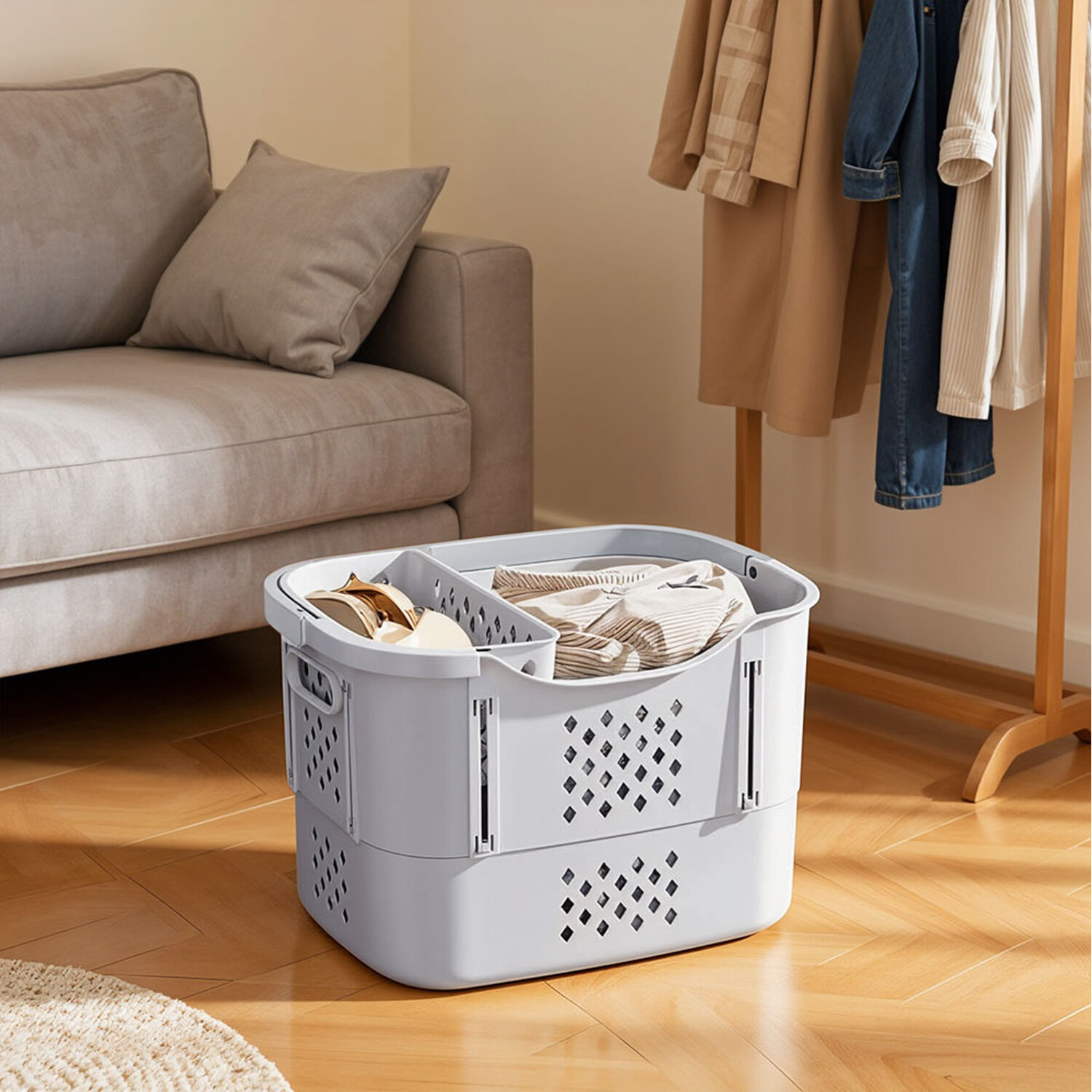 Collapsible Portable Laundry Basket with Lingerie Organizer - Grey / 16.5 - 26.5 cm