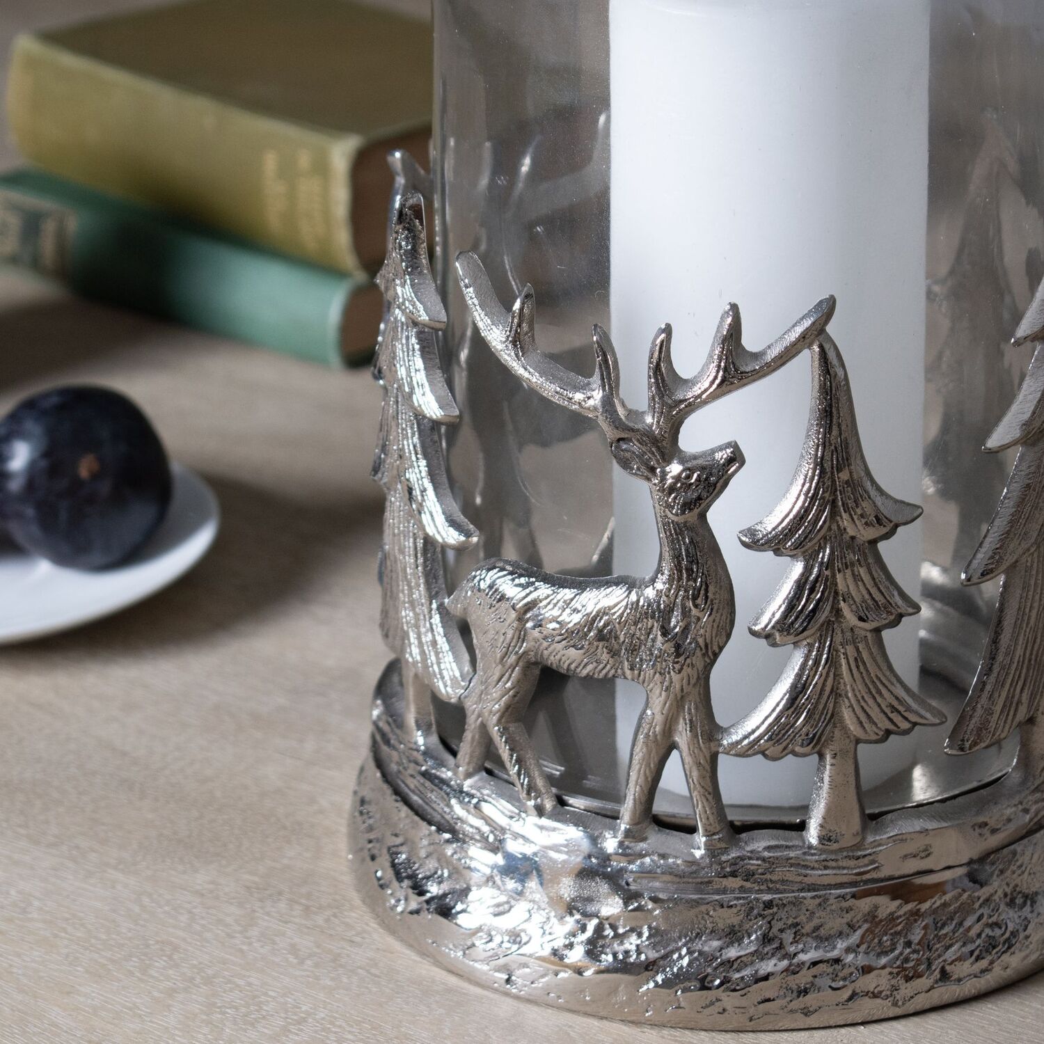 Woodland Stag Scene Hurricane Lantern - Silver