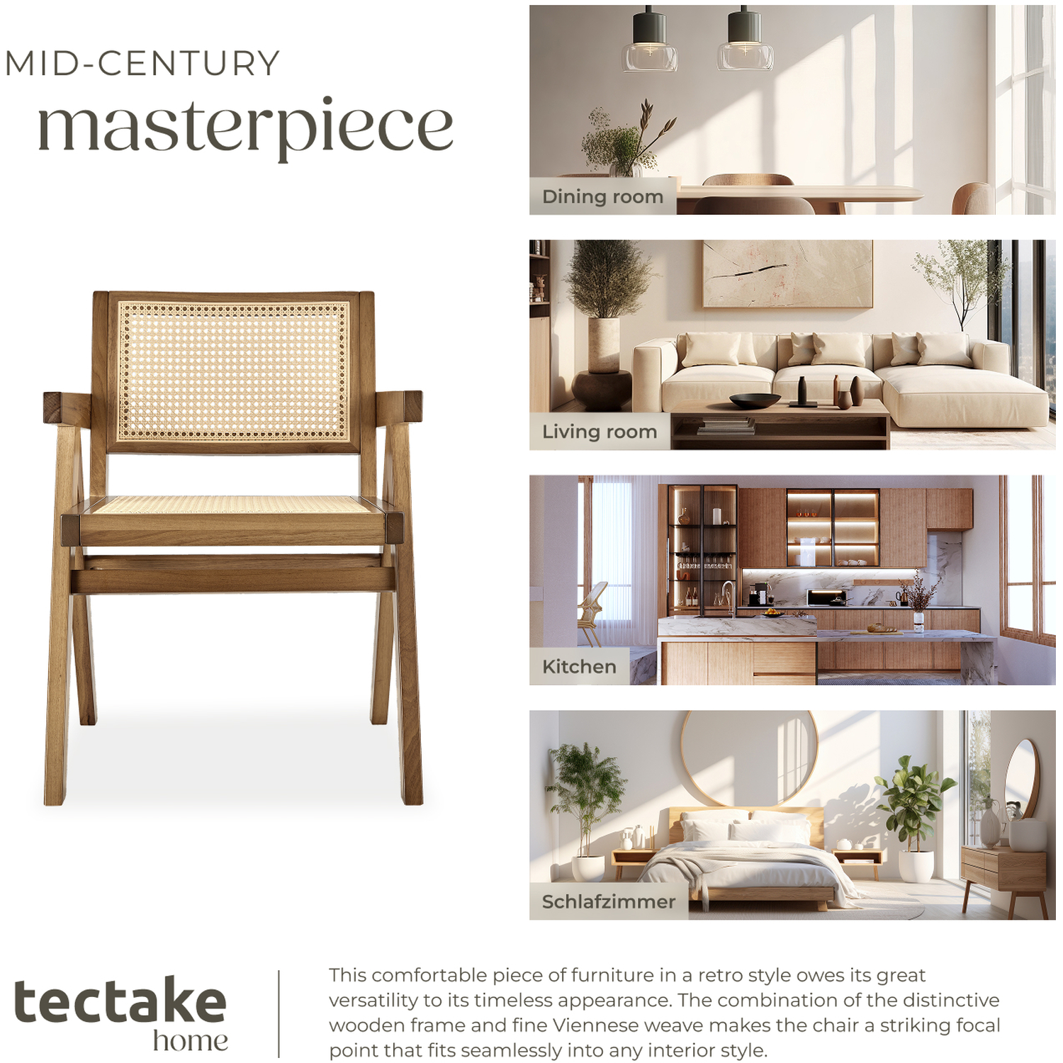 Dining Chair With Rattan Backrest And Solid Wood Frame - Light Oak 82 5cm 4