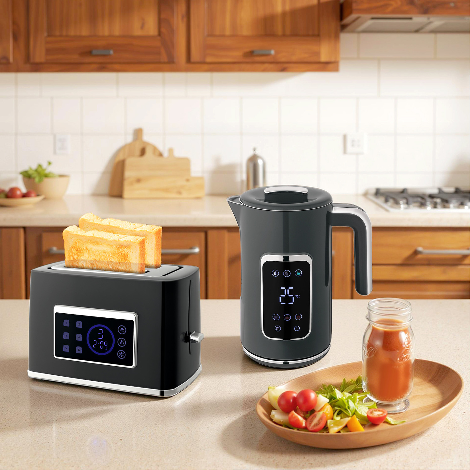 HOMCOM 1.7L 3000W Rapid Boil Kettle and 2 Slice Toaster Set Crumb