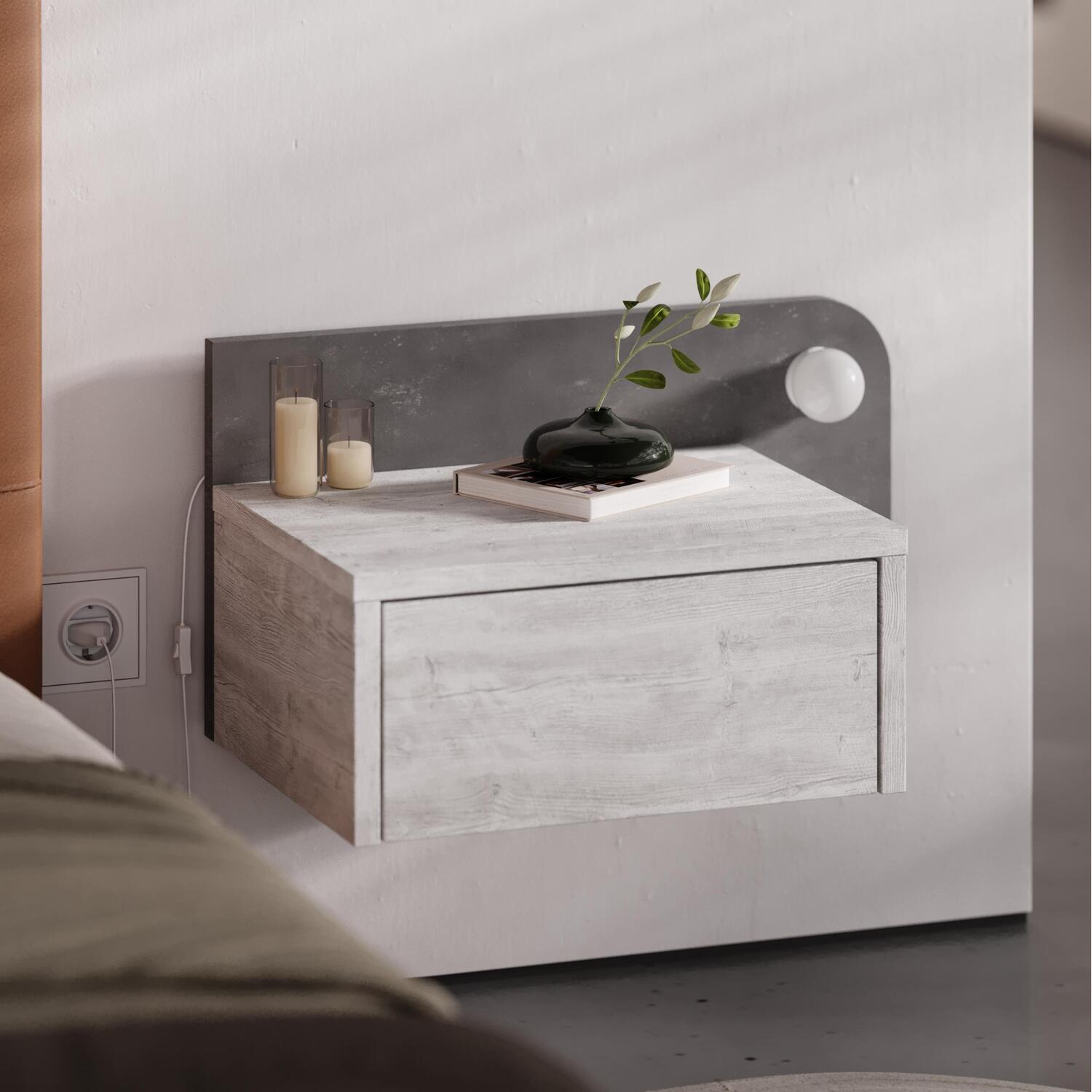 Floating Bedside Table with Drawer, LED Light, Sonoma Oak - Ancient White, Retro Grey