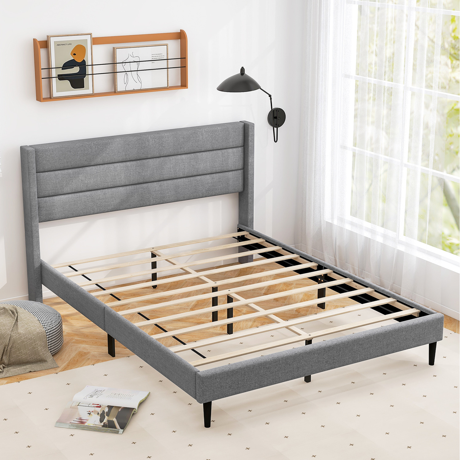 Linen Upholstered Platform Bed - Grey Double