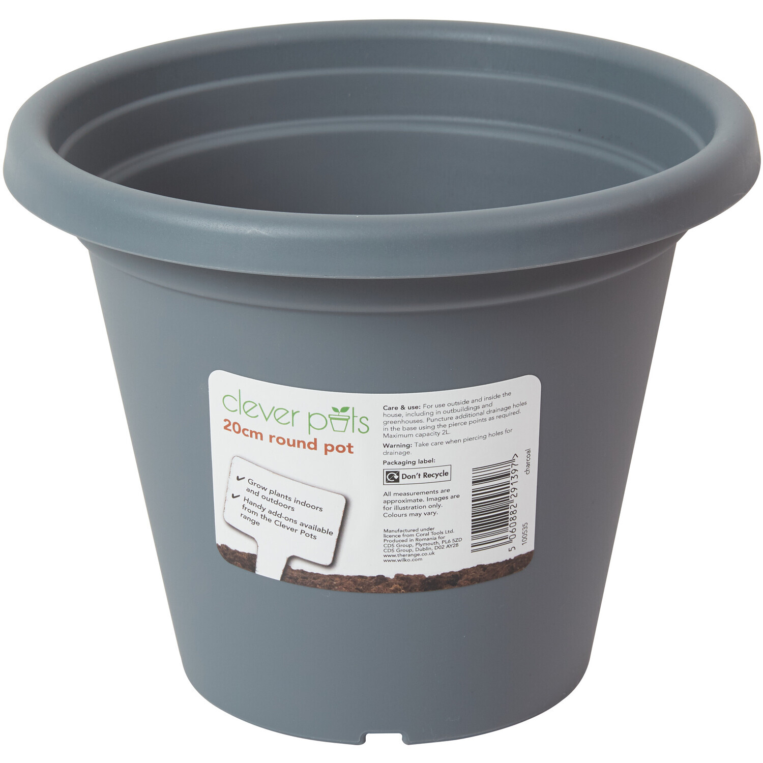 Clever Pots Round Plant Pot with Reservoir - Charcoal Grey / 20cm