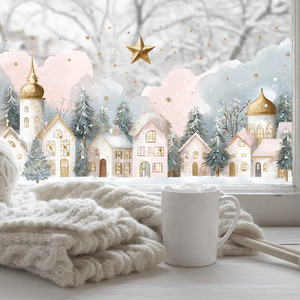 Christmas Village Window Film, Elegant Winter Wonderland Scene