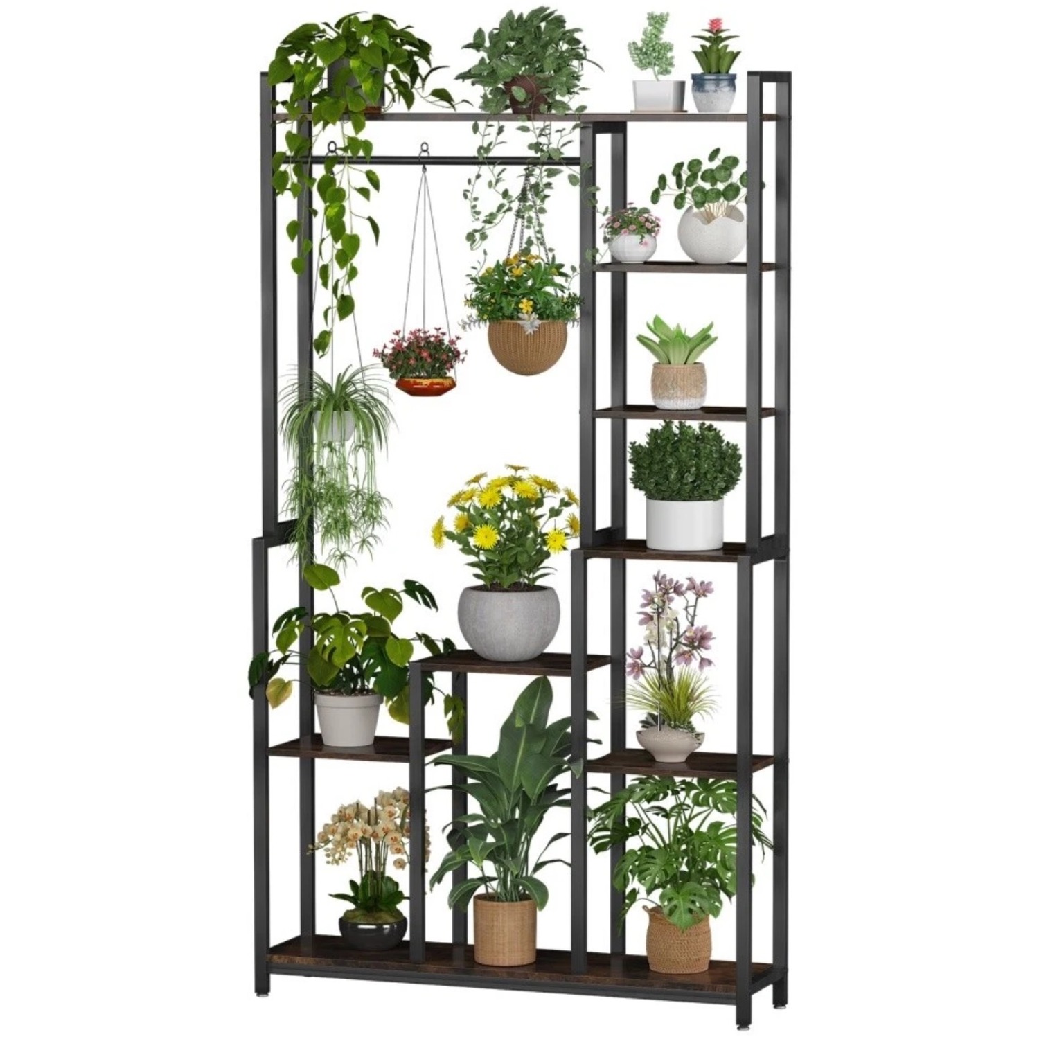 Large Industrial Metal Plant Stand With Storage Shelves - Black