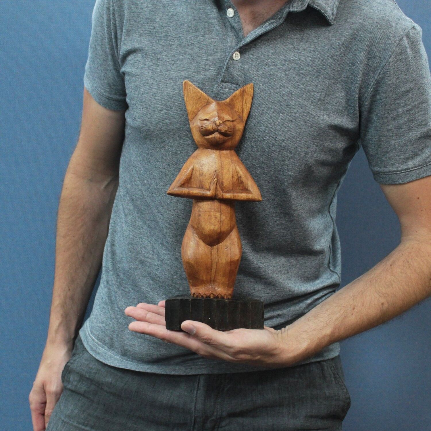 Handcarved Wooden Yoga Cat Sculptures - Brown