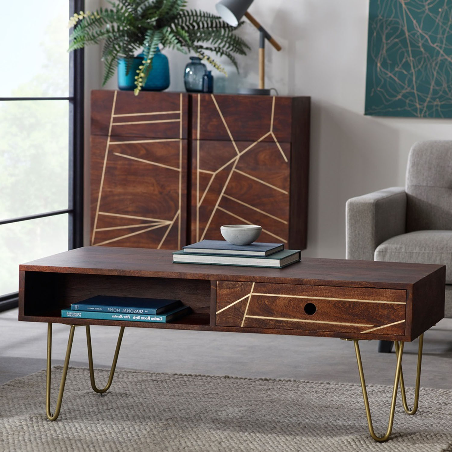 Dark Walnut And Gold Rectangular Coffee Table With Drawer - Dark Wood