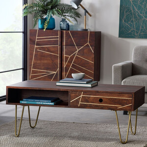 Dark Walnut and Gold Rectangular Coffee Table with Drawer