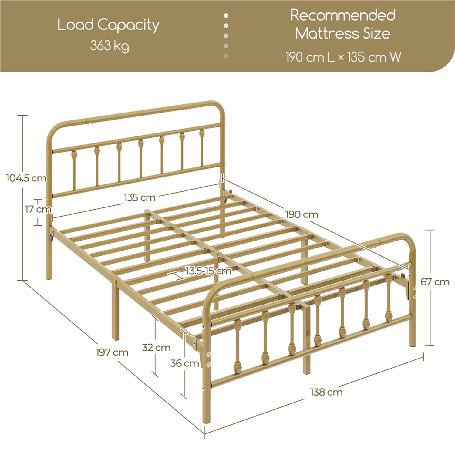 Yaheetech Vintage Metal Bed Frame - Antique Gold Double
