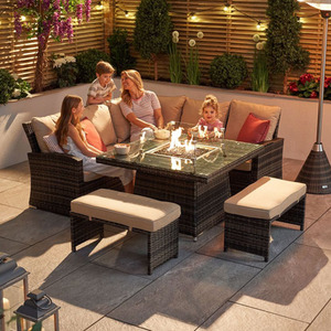 Abrihome 7 Seater Rattan Garden Furniture with Fire Pit Table Set