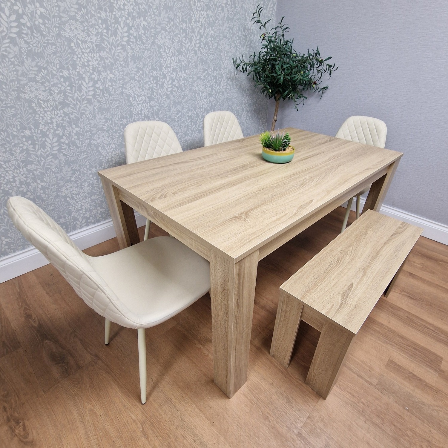 Dining Table With Stiched Chairs And Bench Set - Cream