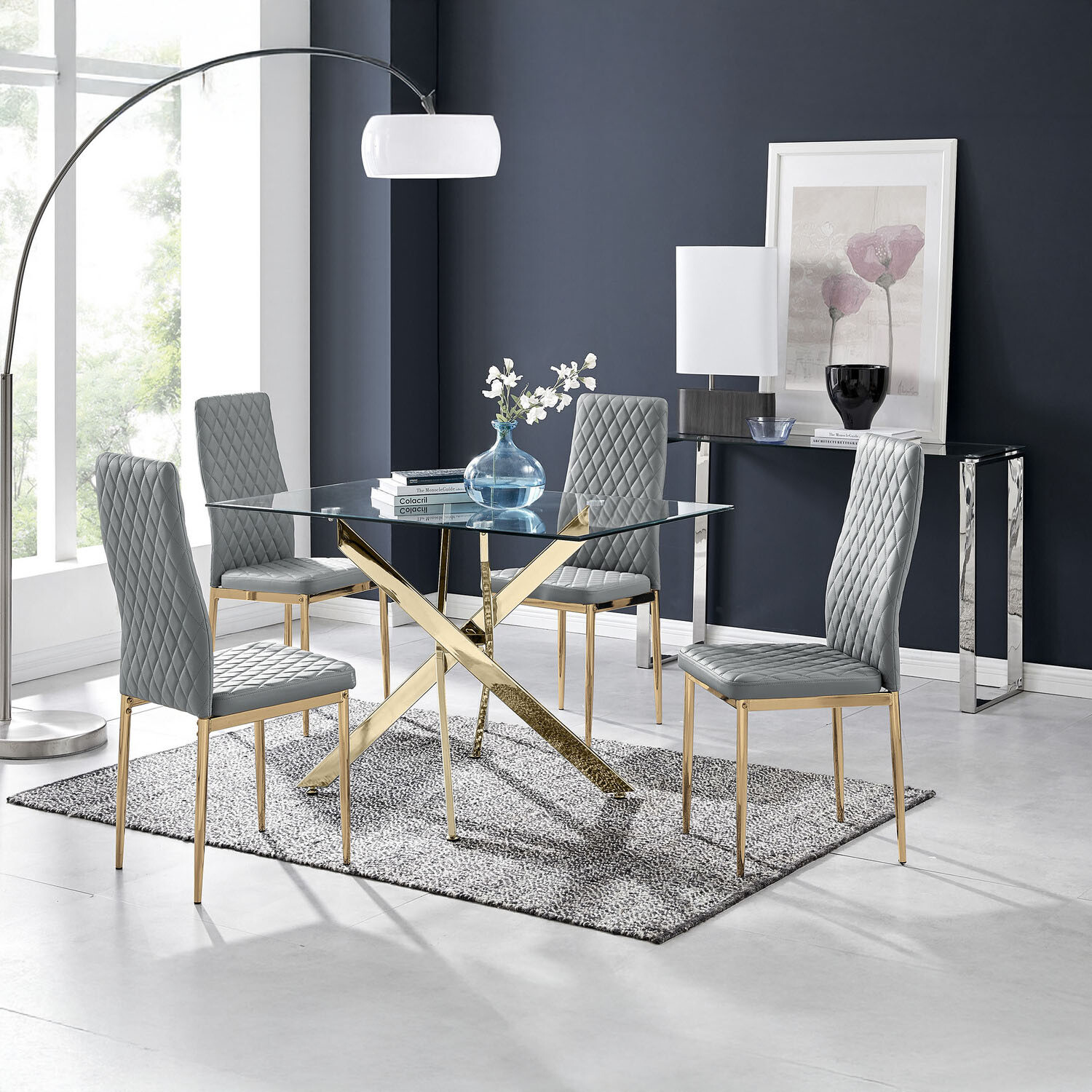 Leonardo Dining Table With Four Gold Leg Milan Chairs - Grey