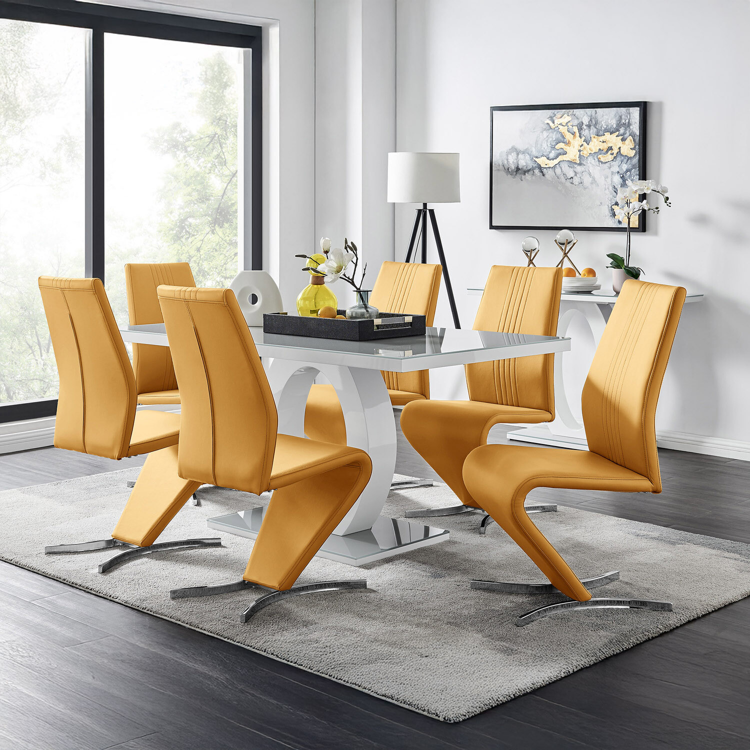 Giovani Grey White Modern Glass Dining Table With Six Willow Chairs Set - Mustard