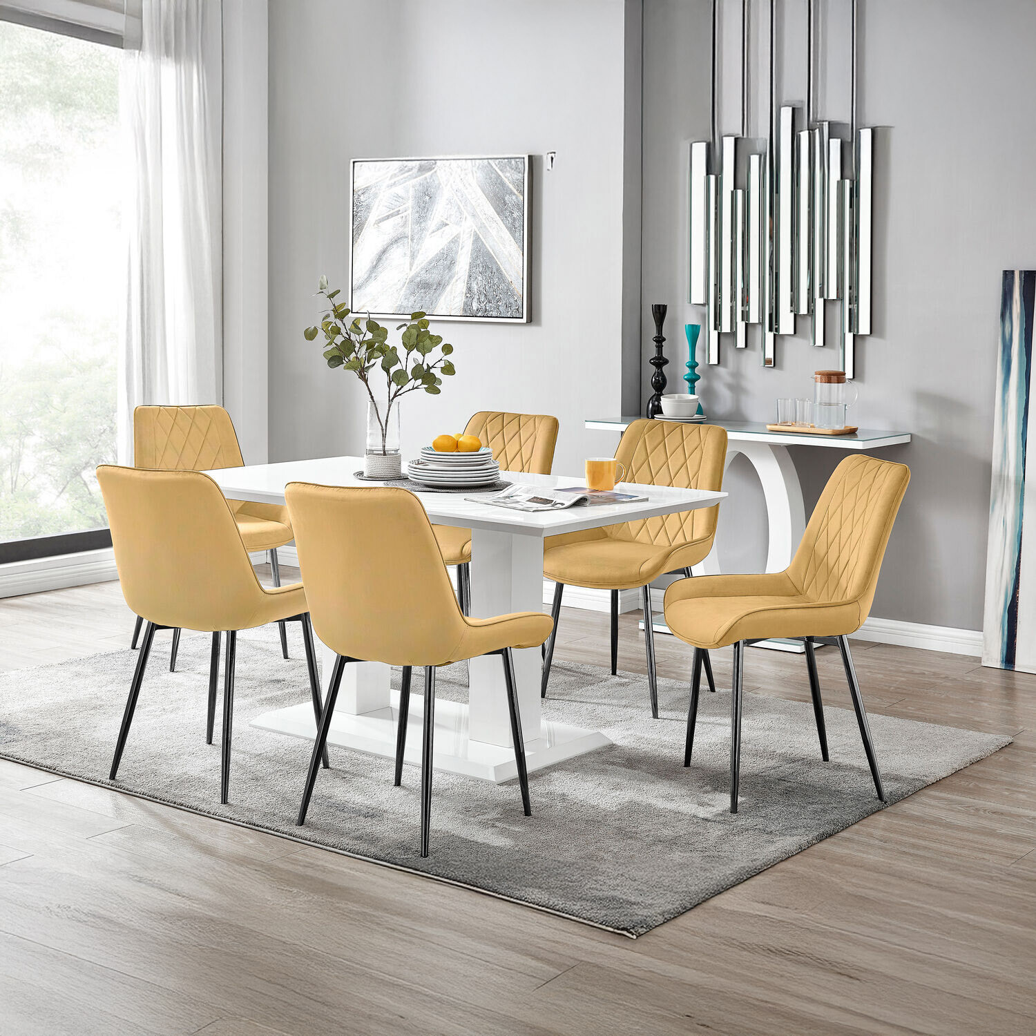 Imperia 6 White Dining Table and 6 Pesaro Black Leg Chairs - Mustard