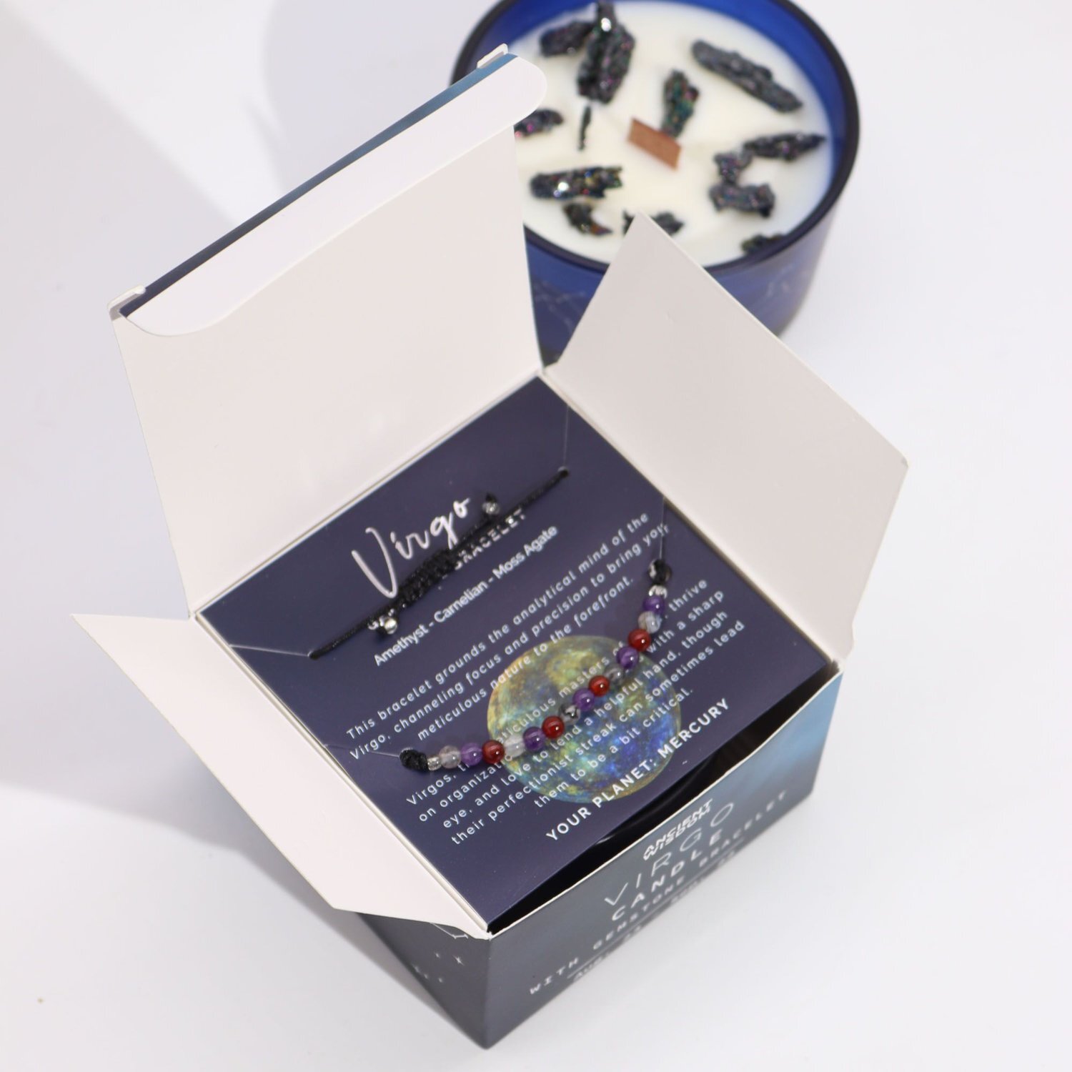 Zodiac Crystal Candle Gemstone Bracelet Set Virgo Oud Fragrance - Blue
