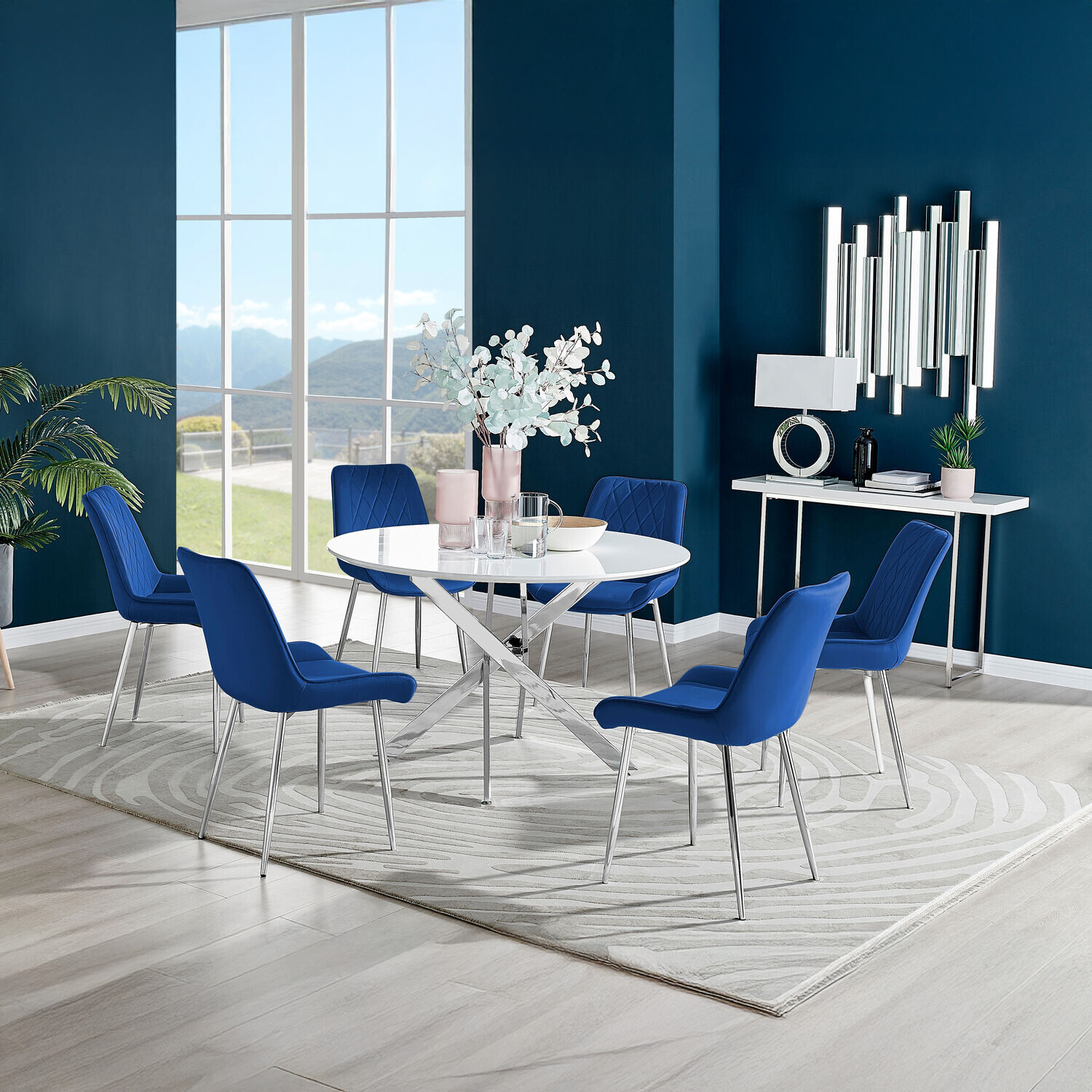 Furnitureboxuk Novara White High Gloss 120Cm Dining Table 6 Pesaro Silver Chairs - Navy
