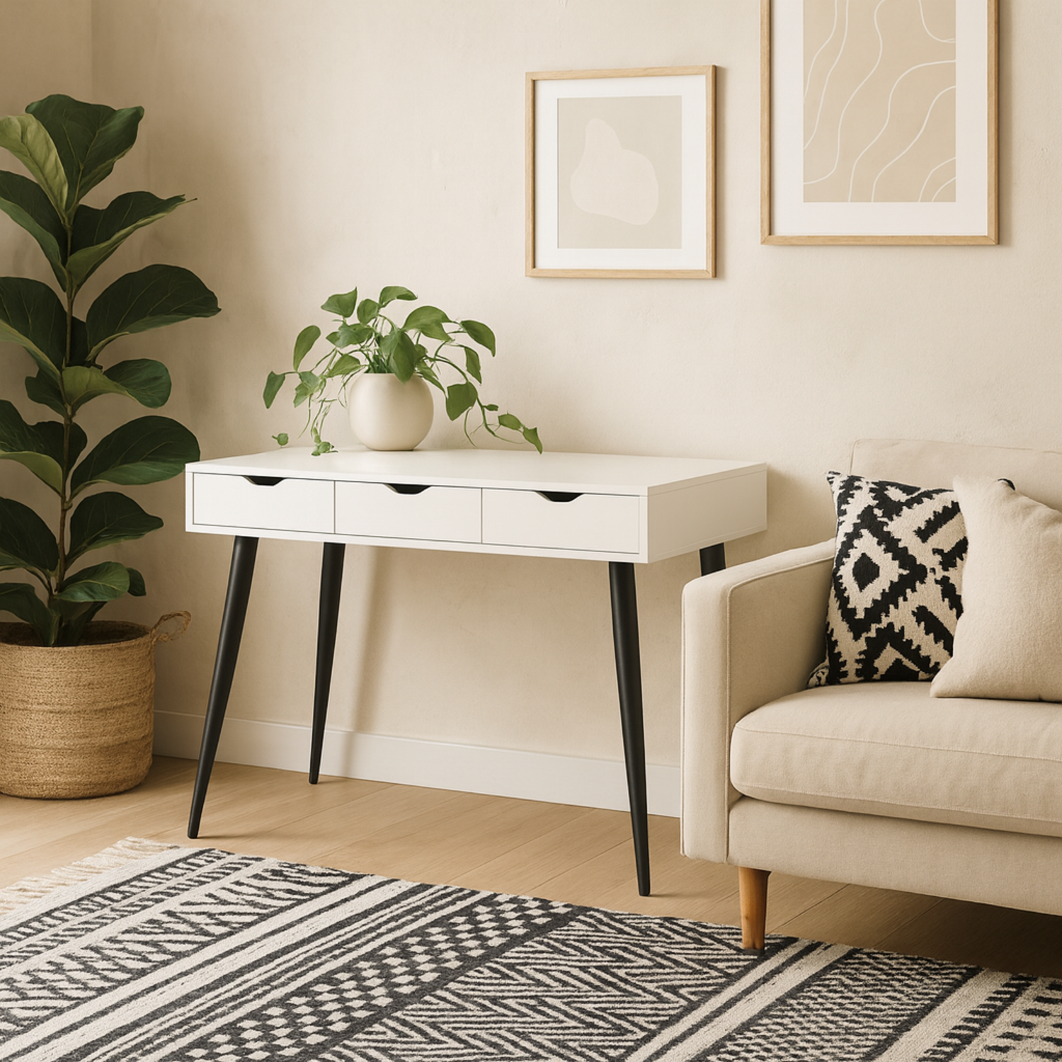 Wyld Haus Dresden White Desk with 3 Drawers and Matt Black Frame - White