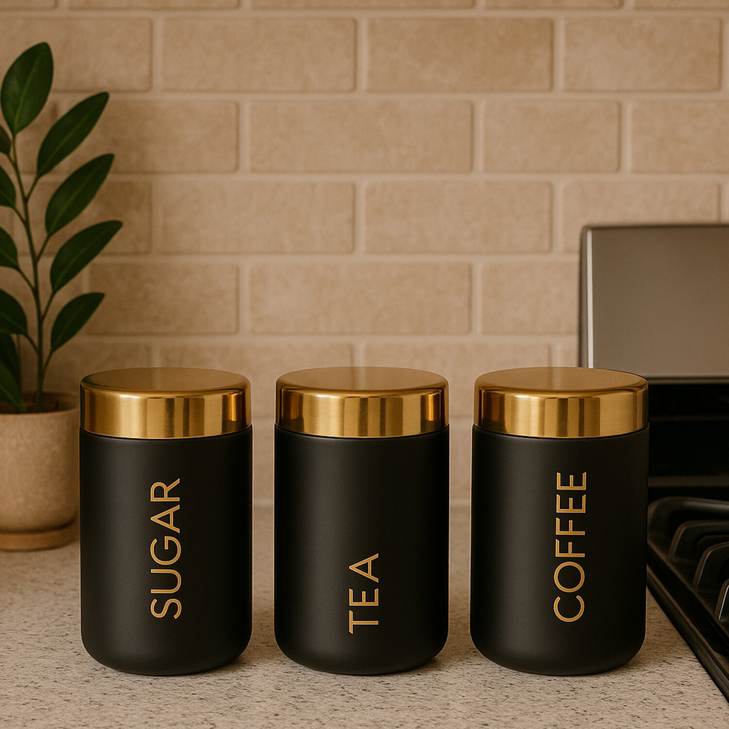 Liberty Set Of 3 Black Enamel Tea Coffee And Sugar Canisters - Black