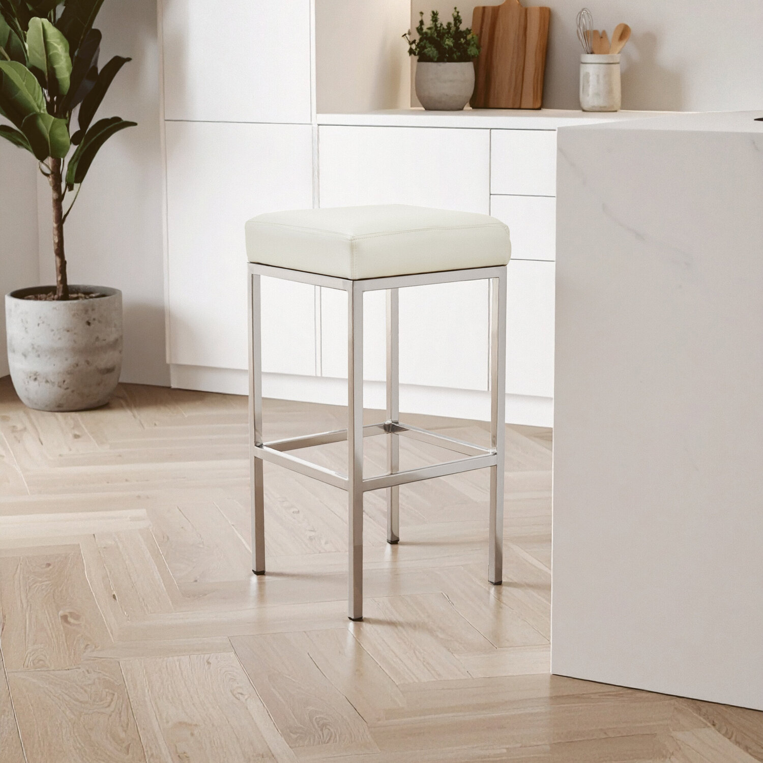 Baina White And Chrome Finish Bar Stool - White