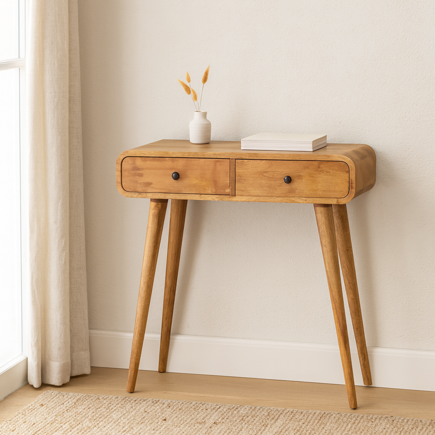 Solid Wood Oak Ish Curved Hallway Table 2 Drawers Brown - Image 3