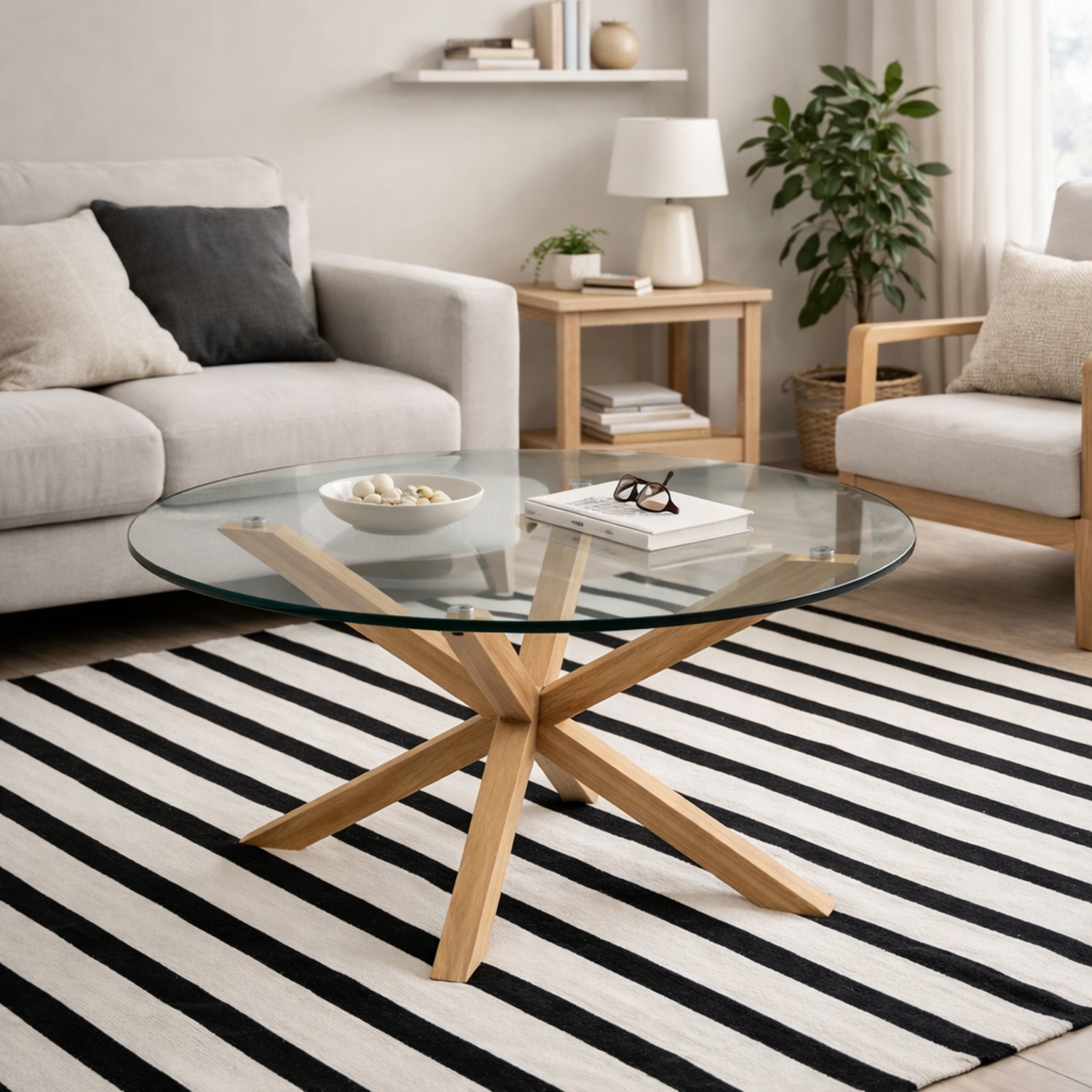 Perth Smoked Tempered Glass Round Coffee Table Effect Cross Legs - Clear