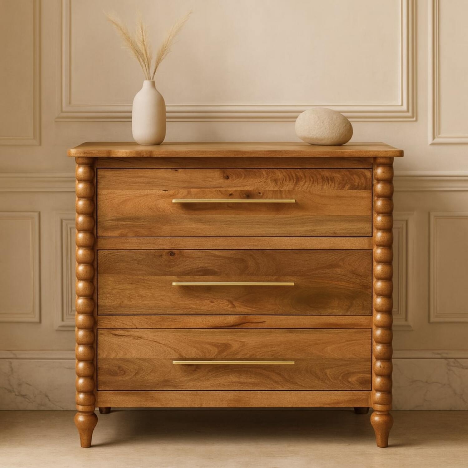 Artisan Furniture Solid Mango Wood Spindle 3-Drawer Chest - Brwon