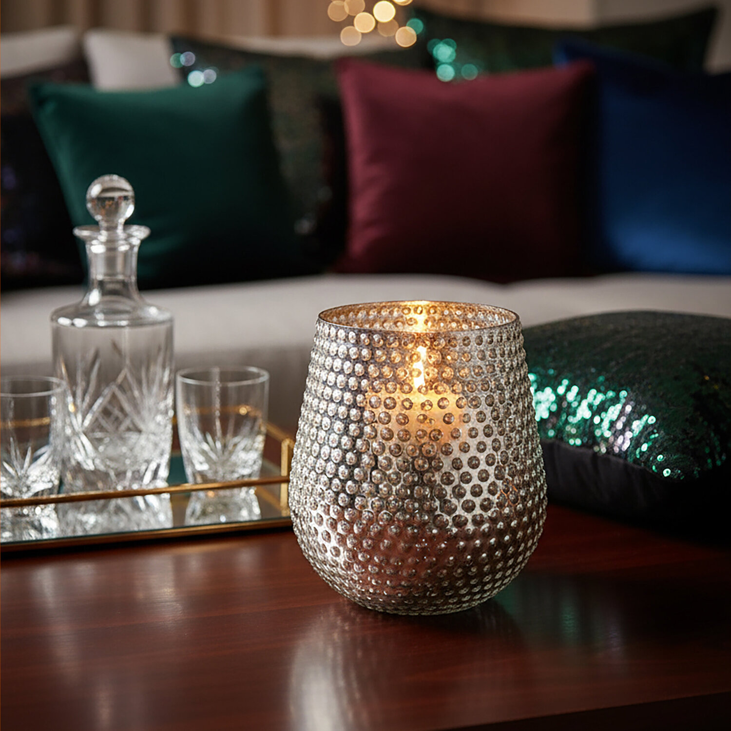 Complements Silver Large Glass Candle Holder - Silver