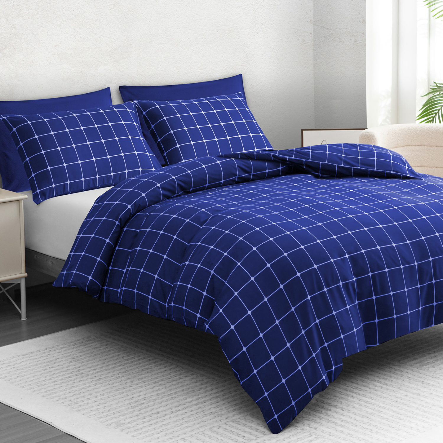 Premium Reversible Duvet Cover Set With Zipper Closure And Corner Ties - Blue King