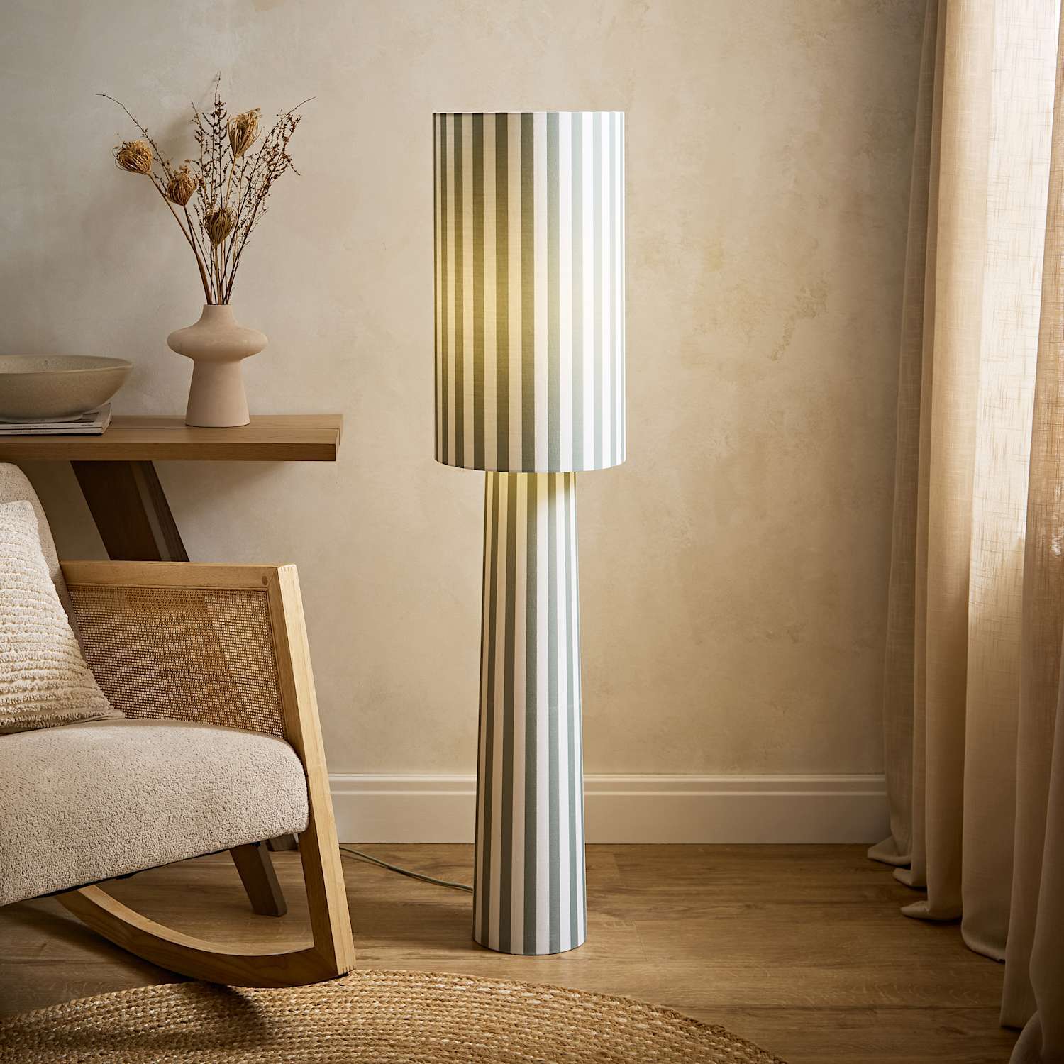 Valuelights Thorley Green And Cream Stripe Drum Shade Full Fabric Midi Floor Lamp - Image 2