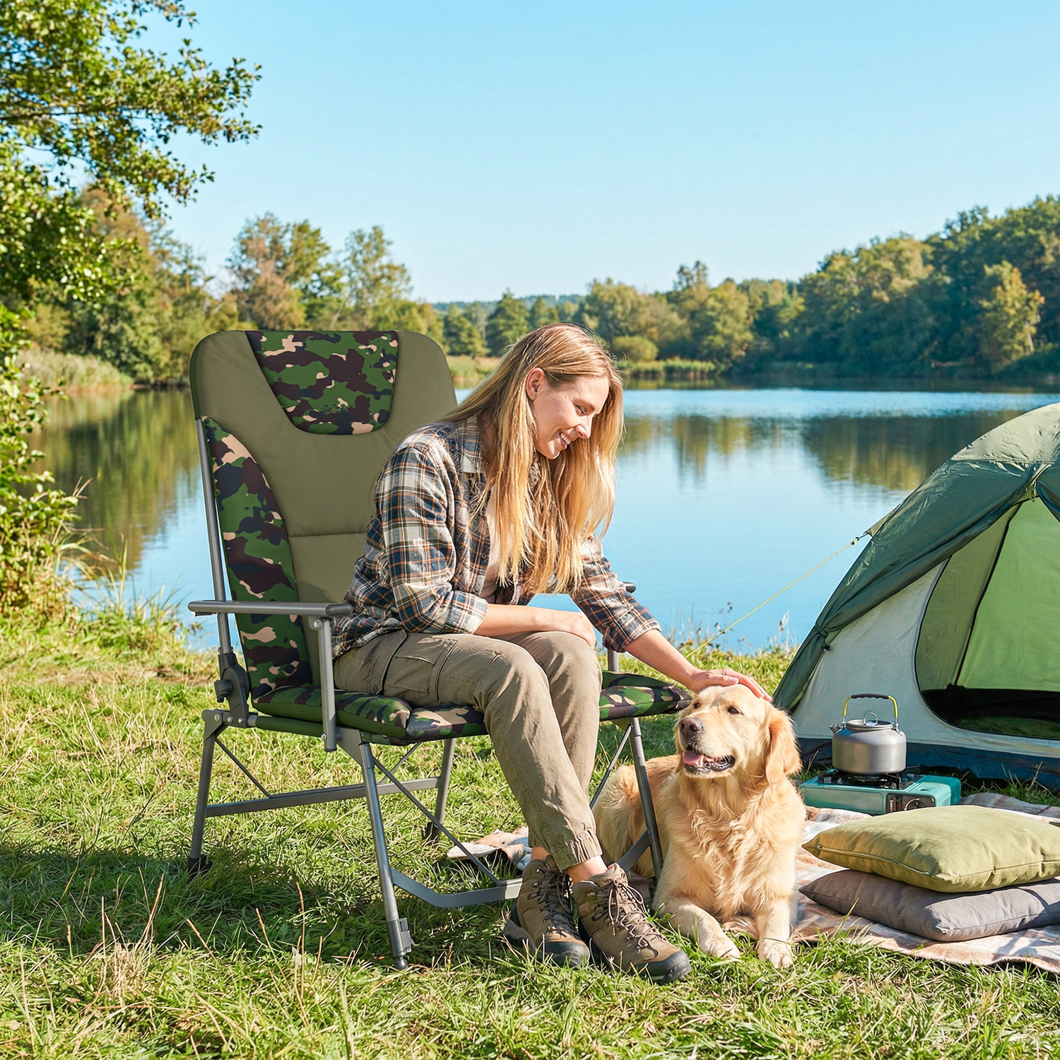 Outsunny Unisex Green Camping Chair Reclining Padded For Adults In - Image 6