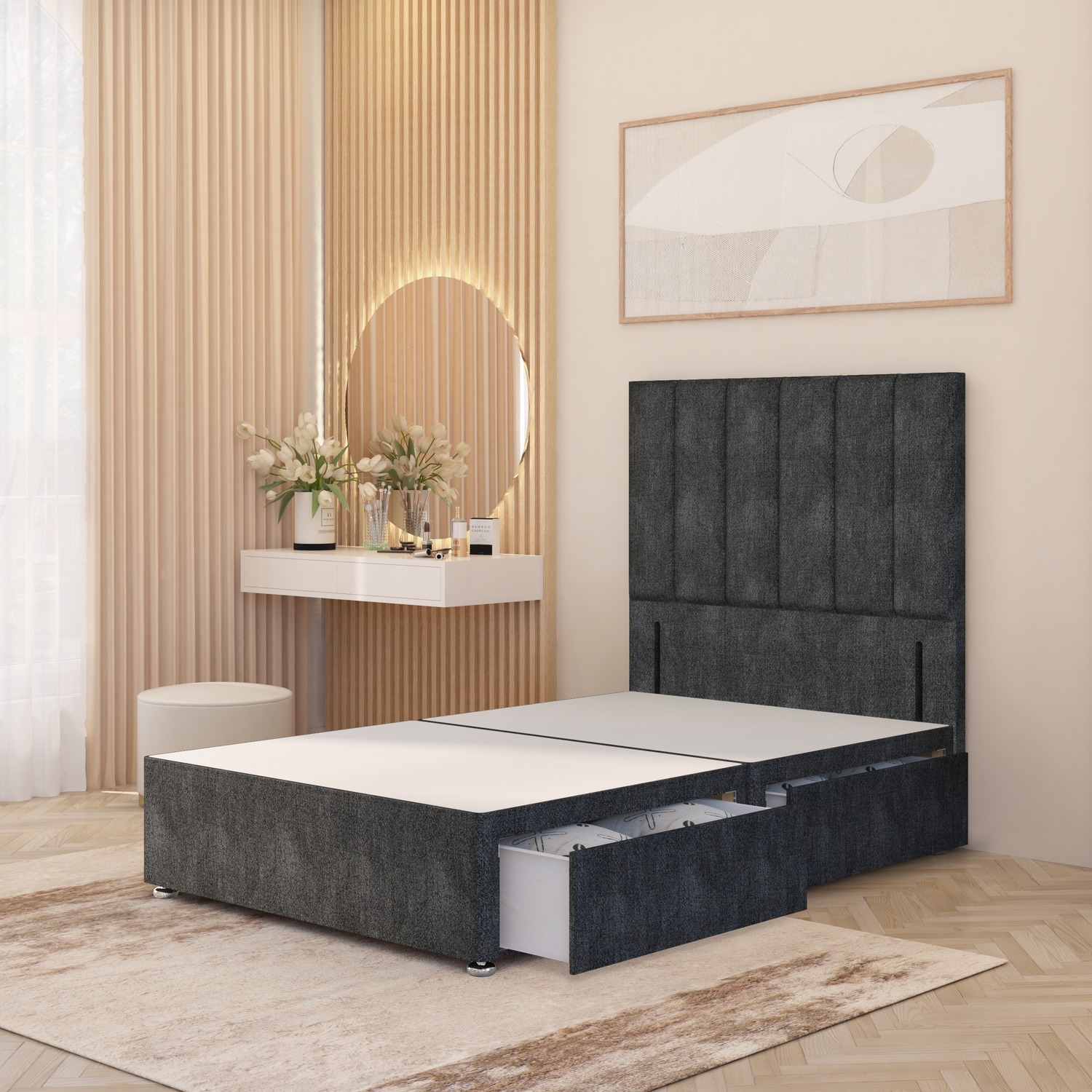 Austin Tweed Fabric Divan Bed Base With 54 Floor Standing Headboard - Charcoal Small Single 38kg
